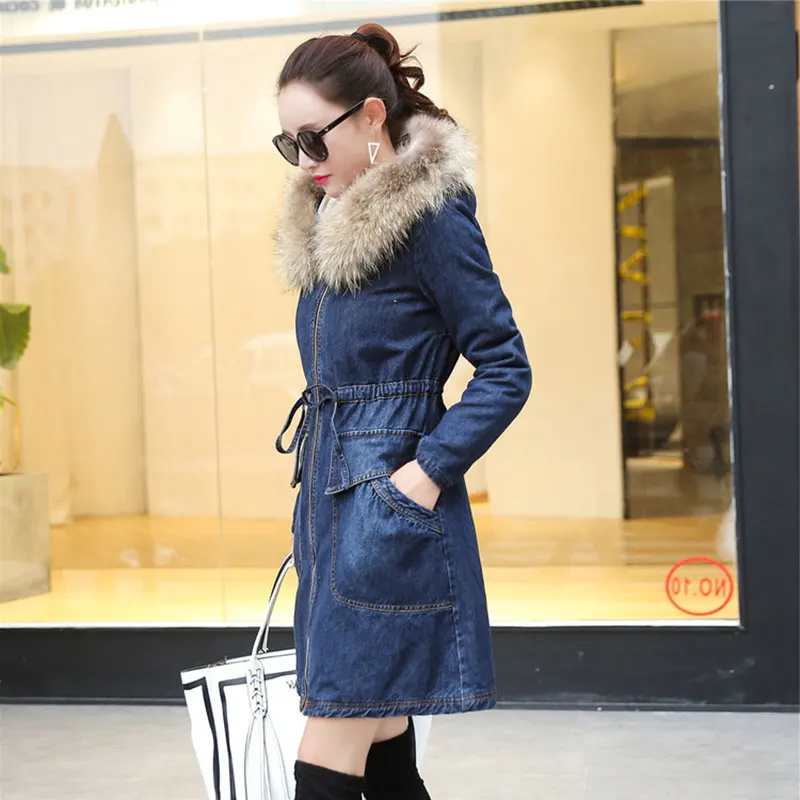 Женская джинсовая куртка 2019 зима толстый искусственный меховой воротник из