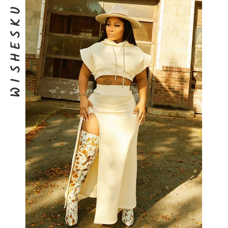 

Two Piece Set Women Vintage Tracksuits Sexy Sleeveless Hooded Crop Top Sweatshirts+High Split Maxi Skirt Outfits 2021Fall Winter