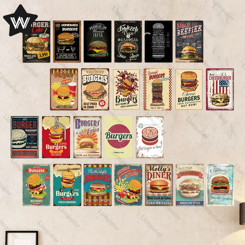 

Hamburger Vintage Plate Metal Tin Sign Hot Dog Advertising Plate for Man Cave Kitchen for Decoration Fast Food Shop Wall Sticker
