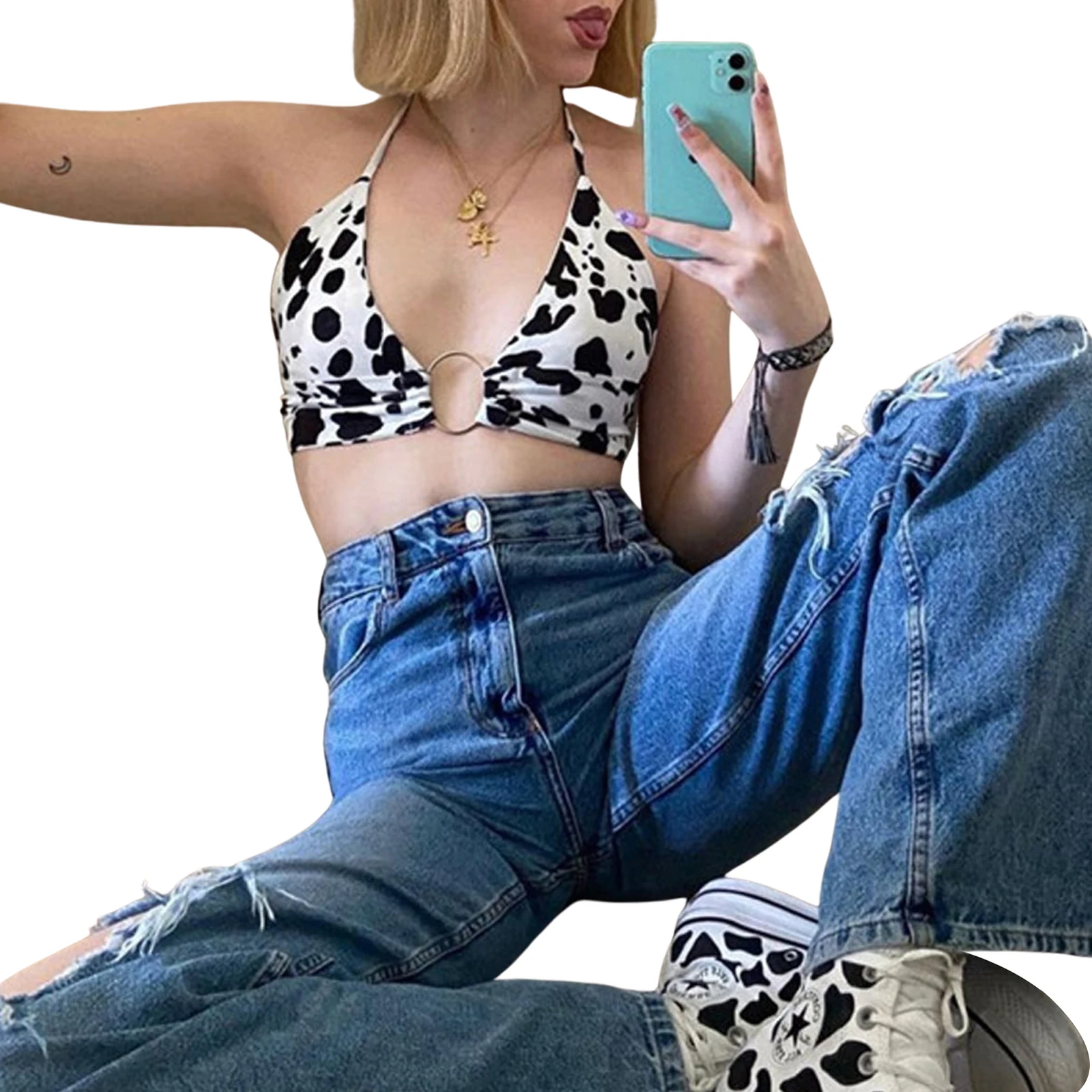 2021 Новая женская летняя обувь кроп-топы с изображением коровы Принт Джемпер