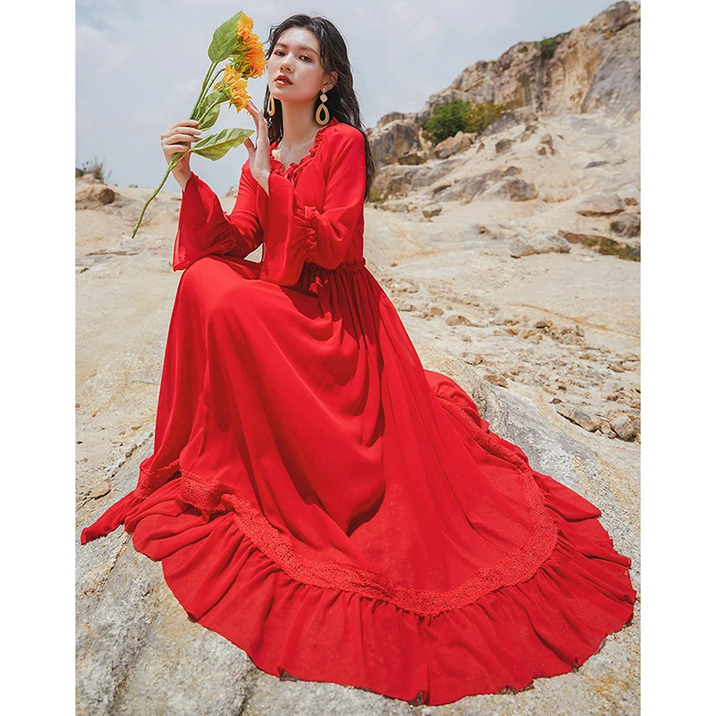 

Spring Summer 2021 Retro Runway Elegant Boho Ethnic Long Dress Casual Travel Vacation Party Vestido Women Maxi Red Vintage Dress