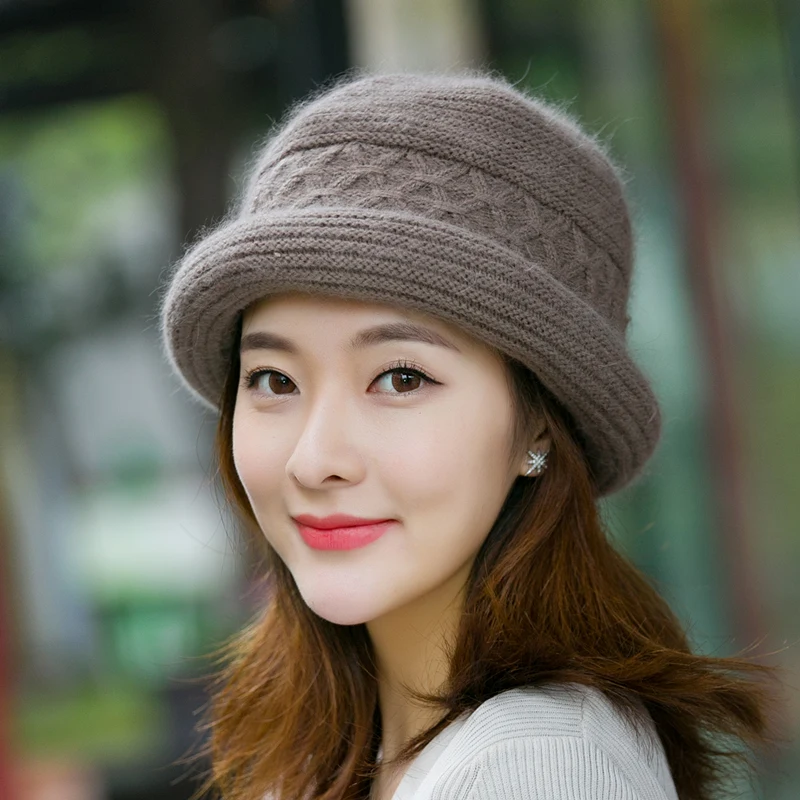 H7770 Winter Bucket Hat Women Mother Warm Thickened Rabbit Fur Knitted Fisherman Cap Elderly Grandma Elegant Outdoor Simple Caps