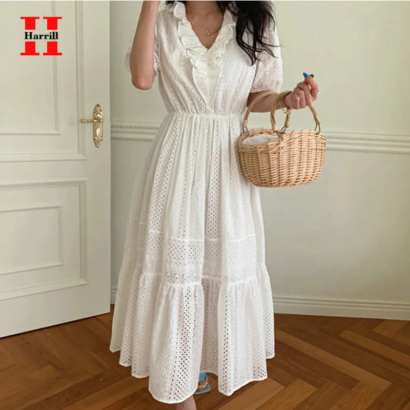 

Solid Color Ruffles Dresses Ladies Sweet V-Neck White Dress Women Clothes High Waist Dress Summer Lantern Sleeve Vestidos Female