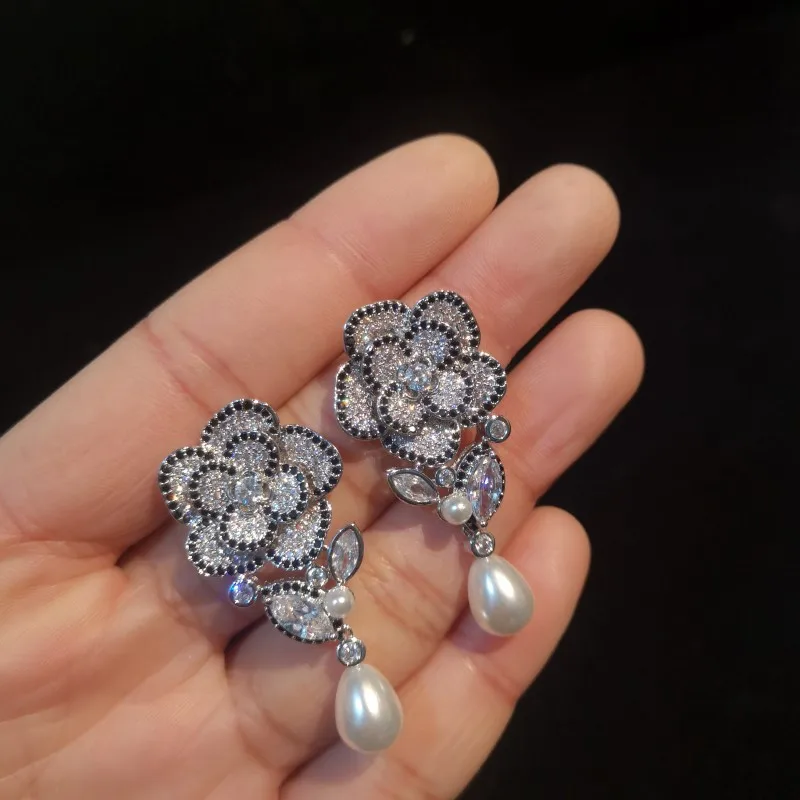 

fashion black and white cz flower with white pearl drop Korean trendy earring for women