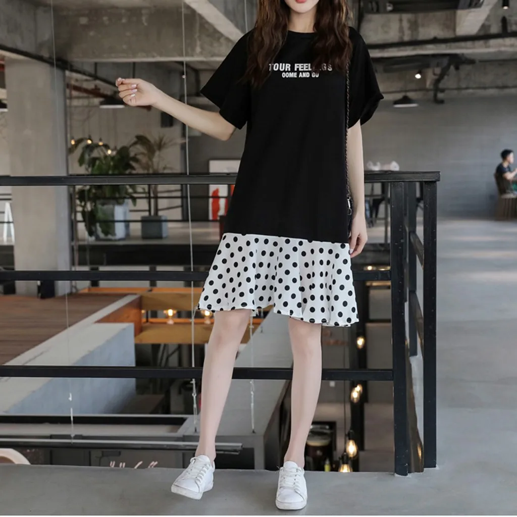 Женское платье в горошек с коротким рукавом и круглым вырезом | Женская одежда