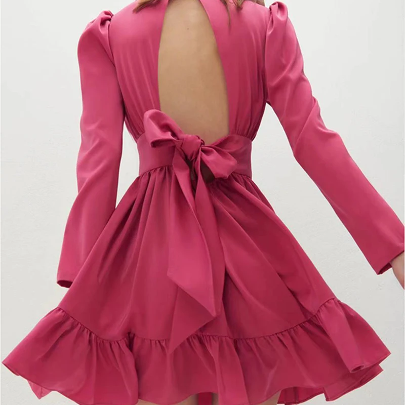 

VGH Apricot Lace Up Bowknot Dress For Women Stand Collar Puff Long Sleeve High Waist Backless Sexy Mini Dresses Female 2021 Tide