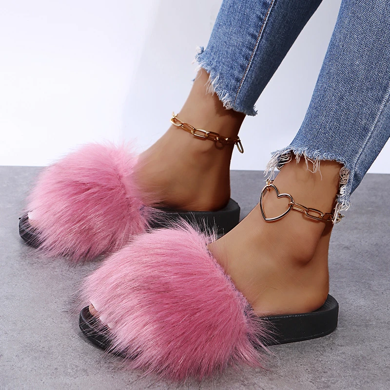 

2021 Summer New Fashion Cute Plush Slippers Korean Candy Color Plus Size Women's Slippers