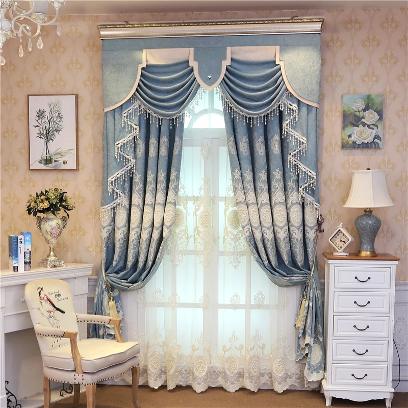 

New Luxury Chenille Embroidered Curtains Finished Custom for Living Room High Quality Pink Blue Curtains for Bedroom Girls Room
