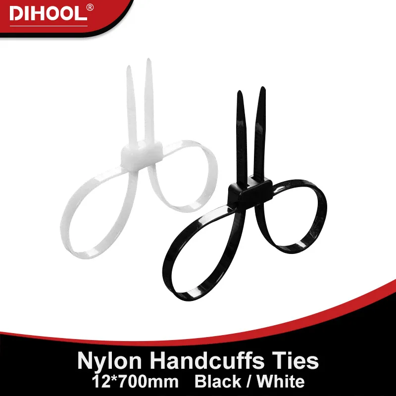 1PC 12x700mm Nylon Handcuffs Ties Plastic Police Handcuff Strap Double Flex Cuff Binding Tape Self-locking Cable Tie White Black