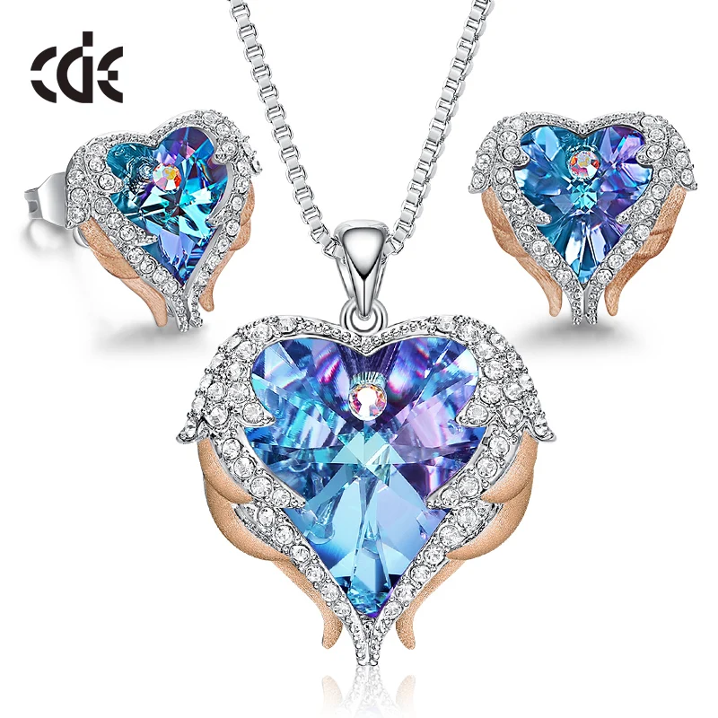 

CDE Crystals Heart Jewelry Set for Women Wedding Party Accessoriess Angel Wings Necklace Earrings Set Wift Gift