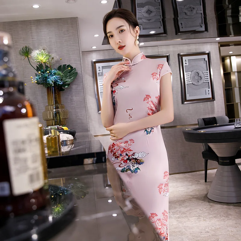 Spring 2020 Silk Imitation Show Cheongsam Long Style Double Layer Improved Qipao Daily Temperament Fashion Evening Dress | Тематическая