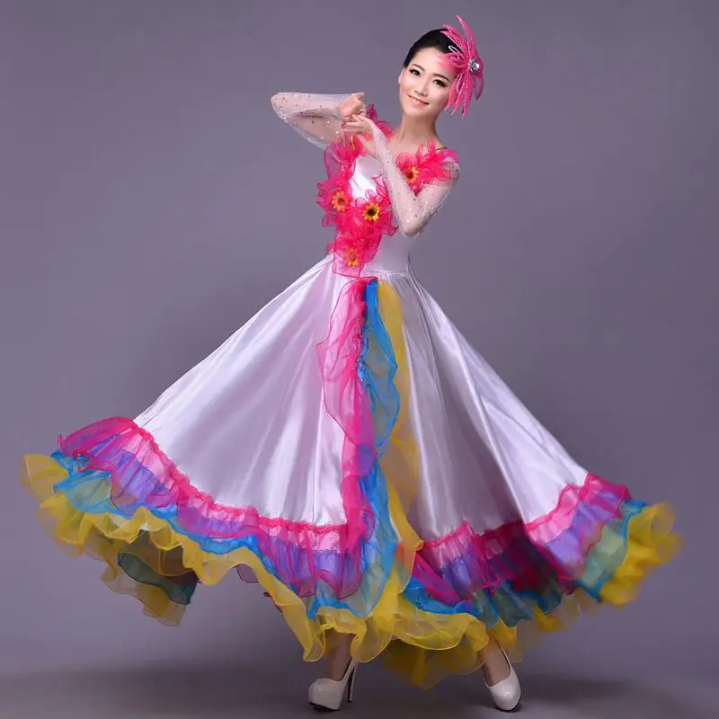 New Lad Full-skirted Dress The Opening Dance Modern Dance Full-skirted Dress Spain Bullfighting Dance Skirt Long Sleeve Costumes - Цвет: White 360 degrees
