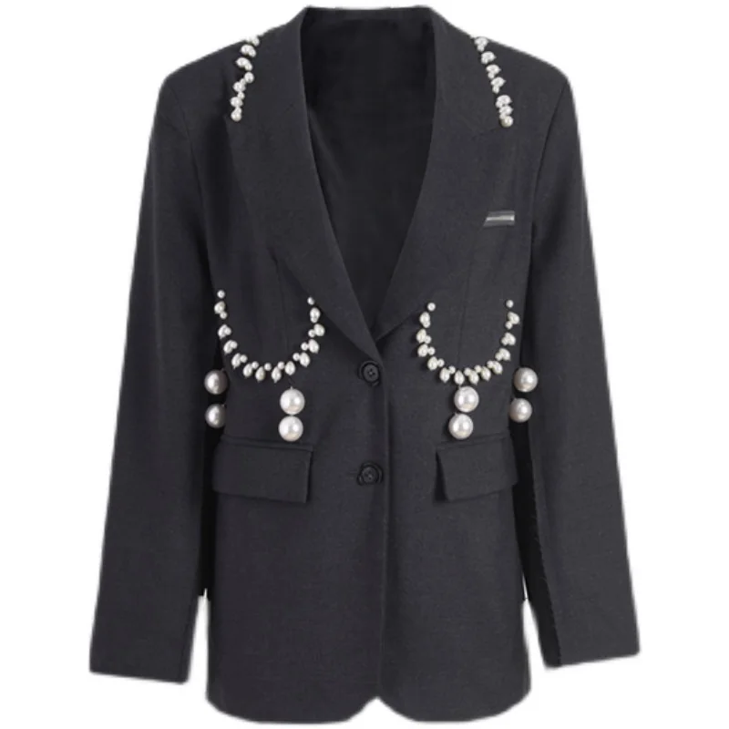 

Heavy work French style pearl beading ol blazer+high waist pleated skirt women two piece sets