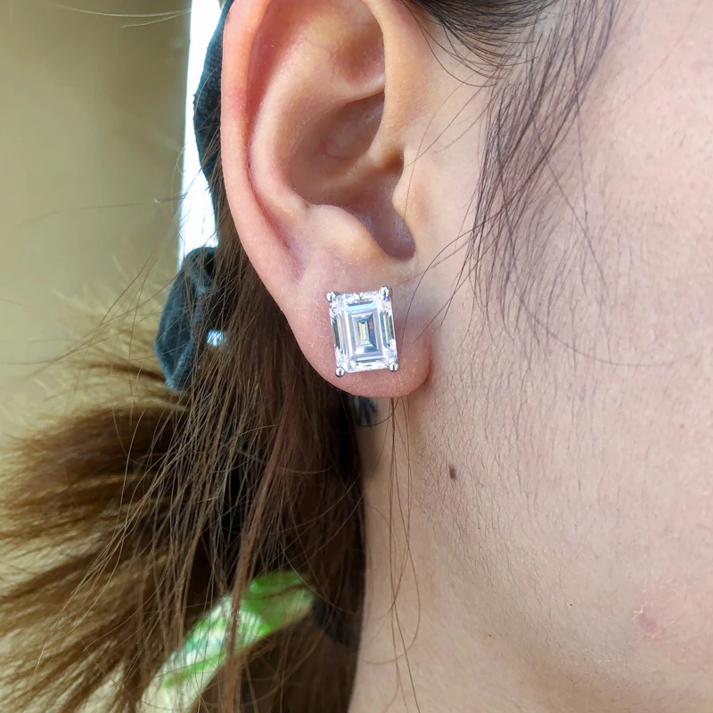 

AINUOSHI Simple 925 Sterling Silver Emerald Cut 8x10mm SONA Diamond Stud Earrings 3CT Earring Women Wedding Party Gift