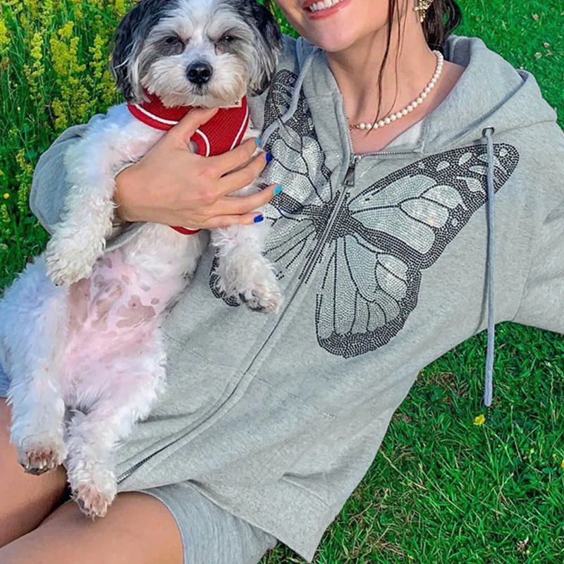 

Женский свитер с капюшоном, Повседневный свитер на молнии с длинными рукавами и принтом в виде бабочки, Осень-зима 2021