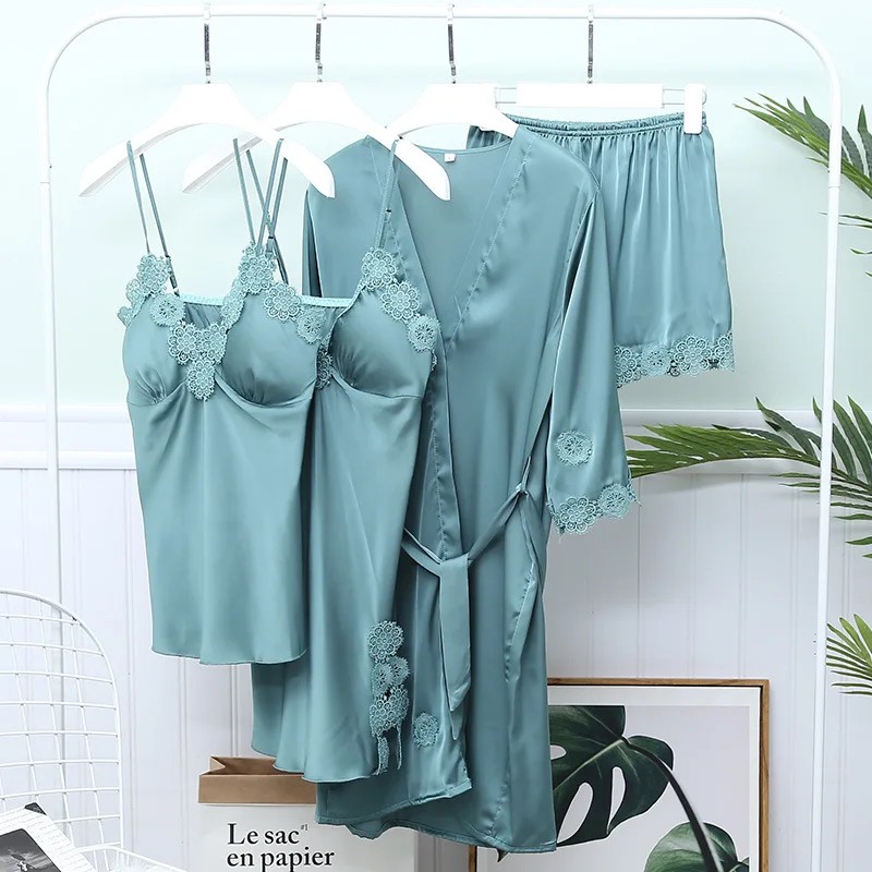 

Ночное белье для женщин весна лето сексуальный искусственный шелк 4 шт наборы с грудью Слинг шорты костюм тонкая ночная рубашка с v-образным ...