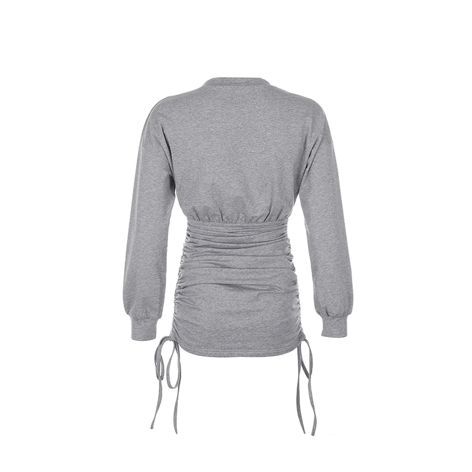 

Hirigin 2021 Fashion Women Long Sleeve Drawstring Ruched Dress Casual Round Neck Solid Color Dress for Ladies