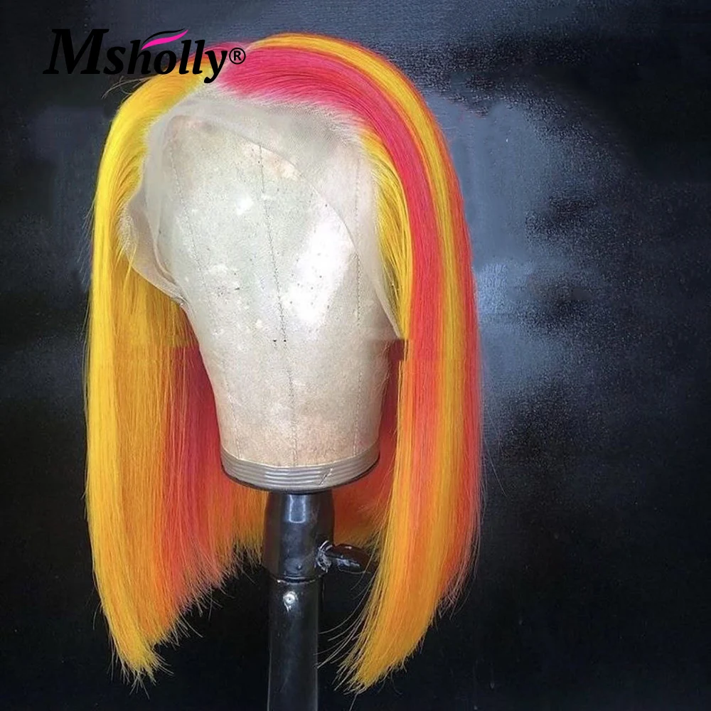 Желтый парик с красной подсветкой плотность 180 парики из натуральных волос 13x4 на