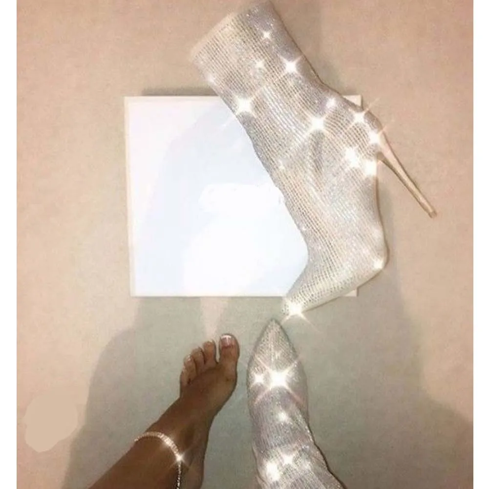 

Sarairis Brand New 2020 Sexy Thin High Heels Nightclub Dance Shoes Woman Booties Female Pointed Toe Zip Up Crystal INS Boots