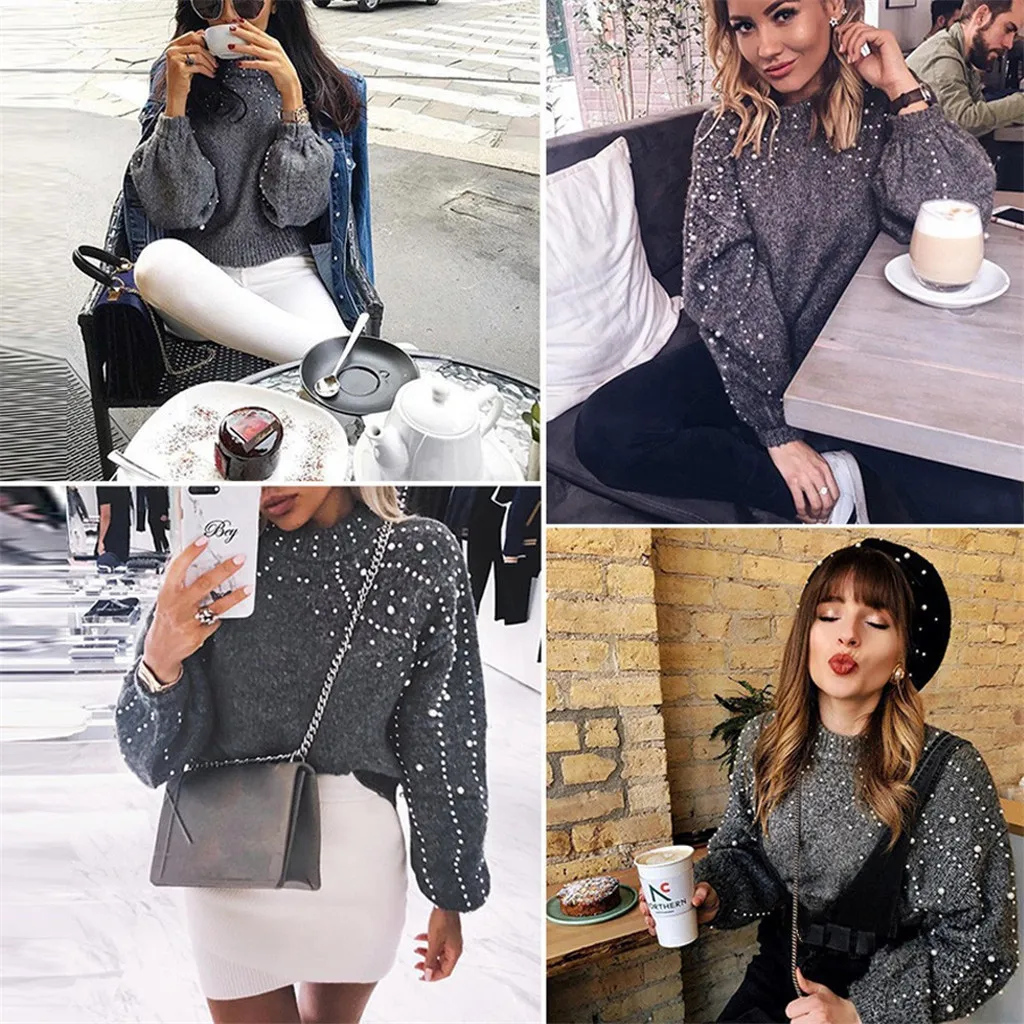 Women's Casual Sweater Thick Needle Long Sleeve O-neck Pullover Autumn Winter Loose Pearl Sweaters Femme Clothes | Женская одежда