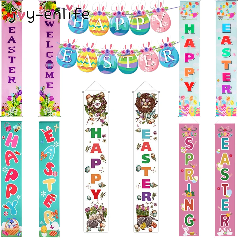 

Happy Easter Porch Sign Easter Banner Outdoor Bunny for Decor Easter Festival Colorful Bunting Home Decorations Door Hanger