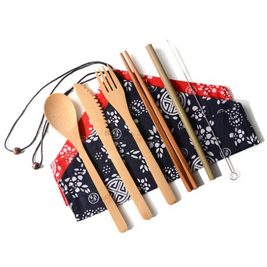 DHL 200set Portable Dinnerware Set Japanese Bamboo Cutlery Fork Spoon chopsticks Travel Teaspoon Straw Kitchen Tableware | Дом и сад