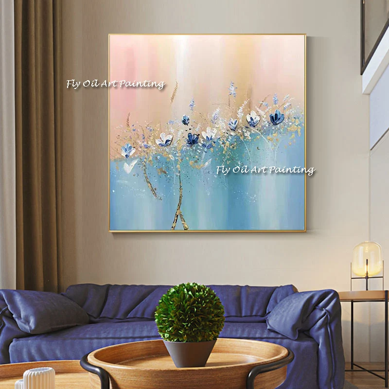 

Artist Hand-painted Abstract Pink and Blue Colors Oil Painting Canvas Gold Foil Fine Art Textured Flower 100% Handmade Painting