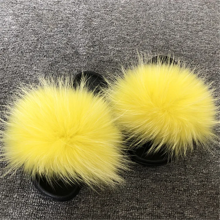 Женские тапочки с натуральным мехом енота повседневные шлепанцы лисьим на