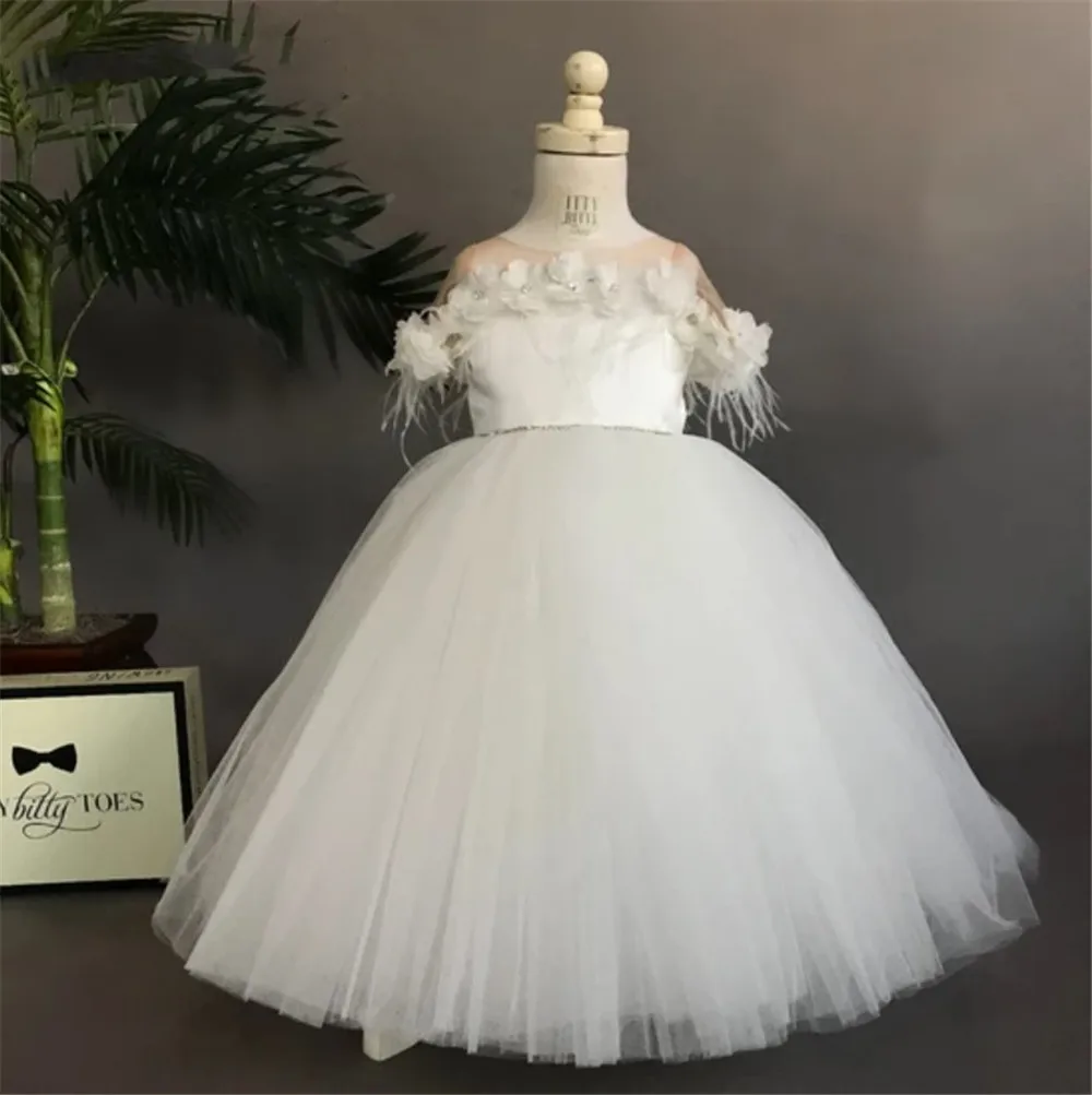 

Pink Flower Girl Dress White Tulle Puffy Princess Dresses for Girls Feather First Communion Dress Cute Girl Wedding Party Gown