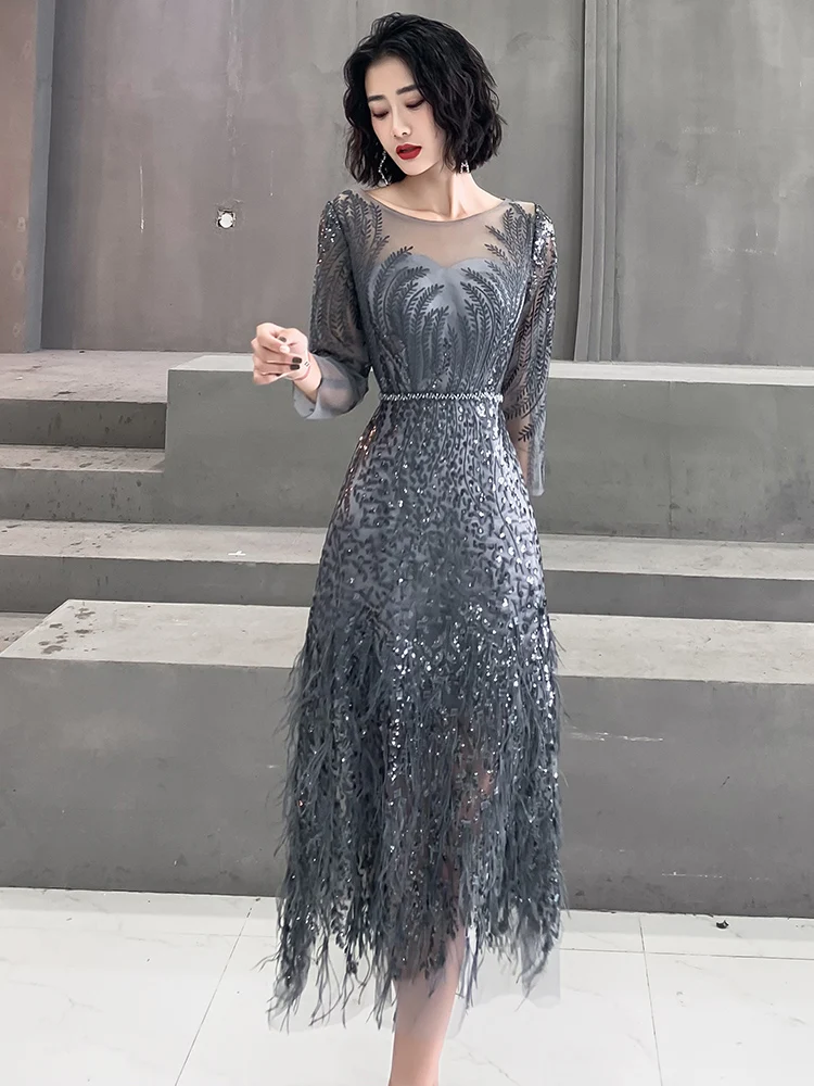 Wei yin AE0274 Новые Стильные серые вечерние платья длиной до середины икры 2020