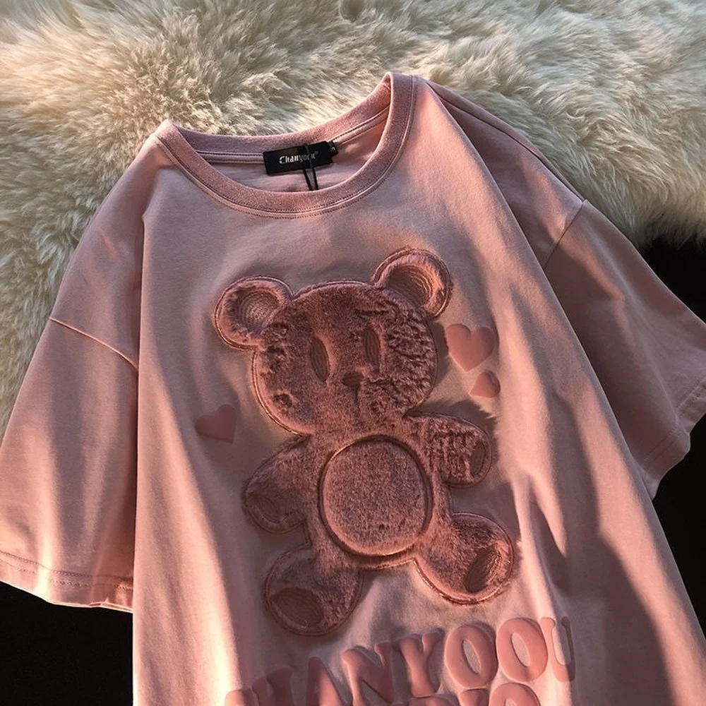 

Japanese Love Bear Couple T-shirt Women Cute Short Sleeve Tops 2021 Summer Oversize Loose Casual Female Tee Shirts Women Clothes