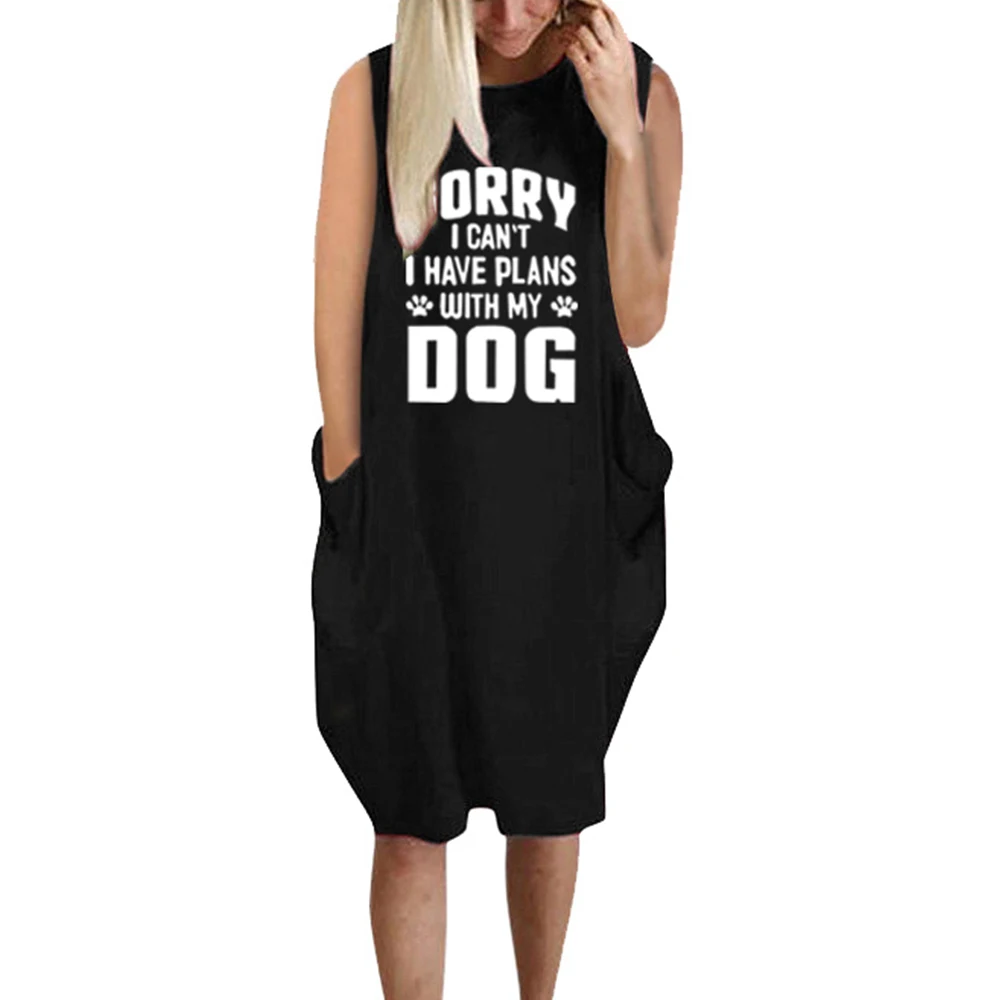 

VICABO Womens Vestidos Summer Sleeveless Letter Printing Pockets T Shirt Dress Knee Length Loose 6 Colors Dresses Plus Size