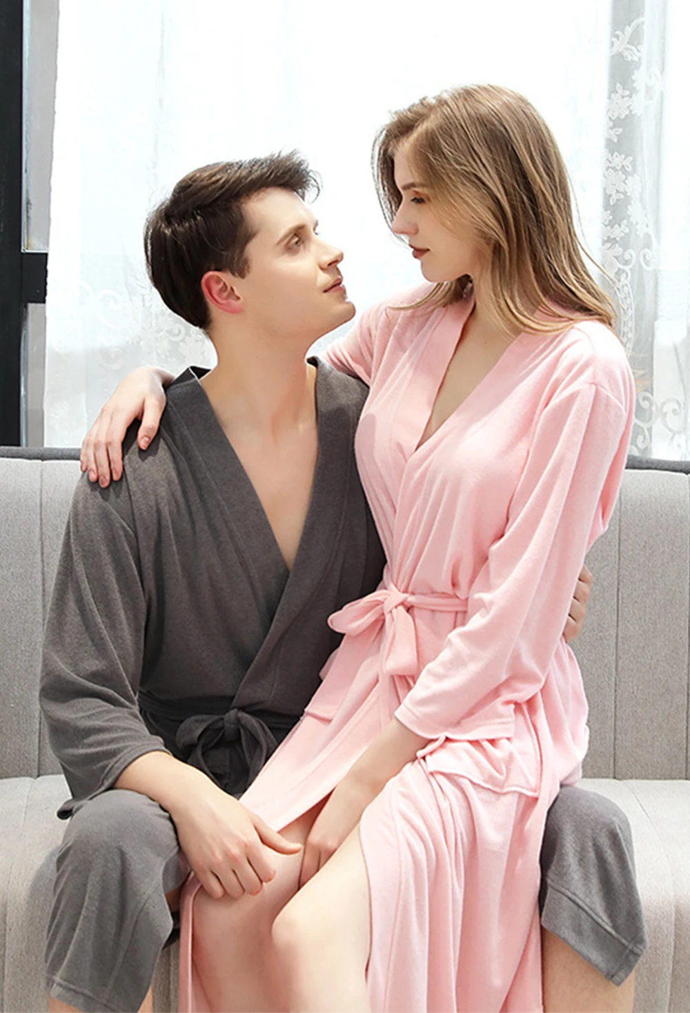 Мужской халат, пара тонких быстросохнущих пижам yukata, домашняя одежда, ночная рубашка, серый, красный, коричневый, roupao feminino
