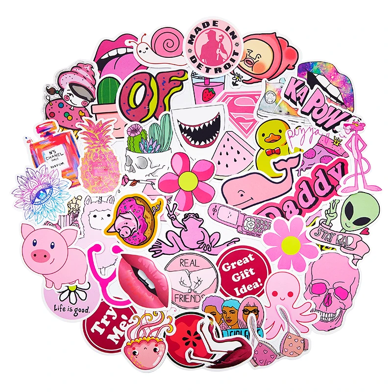 

50Pcs PVC Waterproof Girls Kawaii Pink Fun Sticker Toys Luggage Stickers for Suitcase & Motor Car Fashion Laptop Decals Stickers