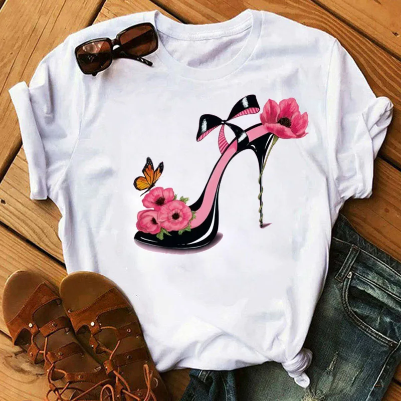 

New Fashion Women T Shirt Red High Heels Shoes and Lipstick Print Vogue T Shirt Female Harajuku Tops Tee 90s Ladies Tee Shirts T