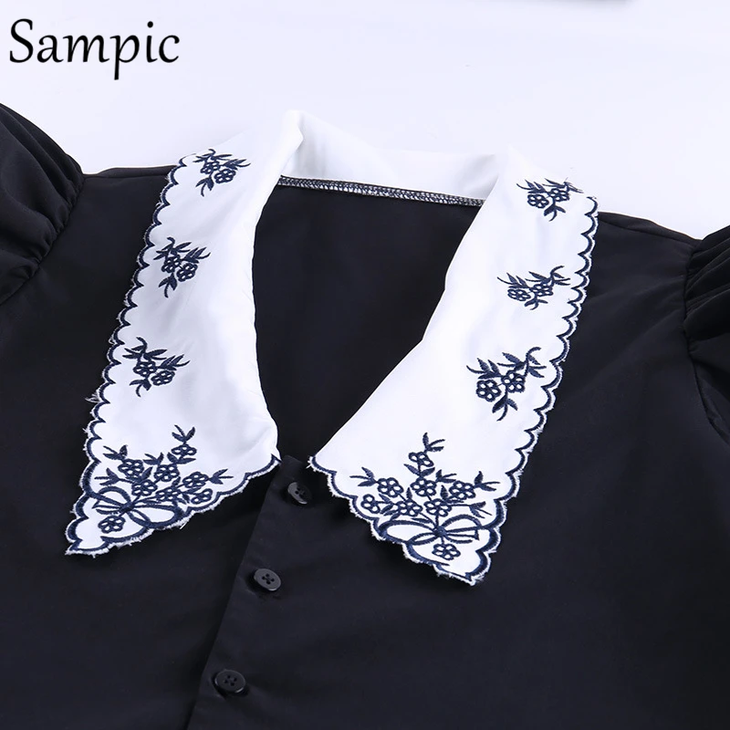 

Sampic office party club white print women turn down collar blouse shirt button casual short puff sleeve blouse tops summer 2020