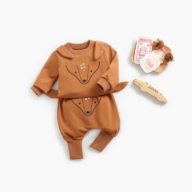 

Spring Fall Baby Sports Sweatshirt Set Simple Cute Animal Print Clothes Set Sweatwear Tops + Long Pants Unisex Toddler