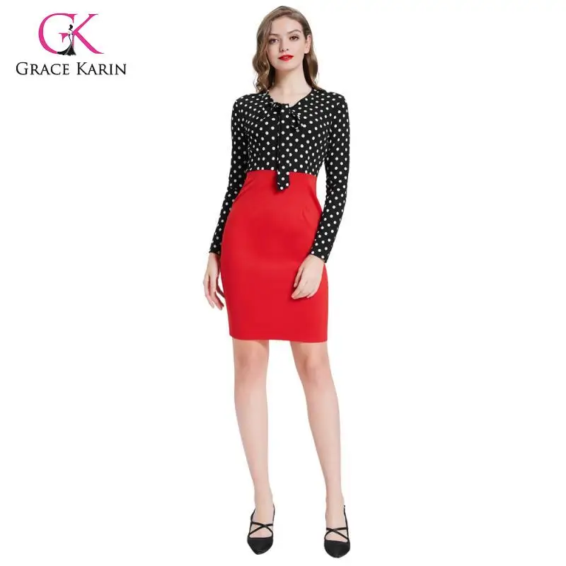 Grace Karin Pencil Dress Women Long Sleeve V Neck Polka Dot 2020 New Autumn Office Work Front Tie Slim Party Dresses | Женская одежда
