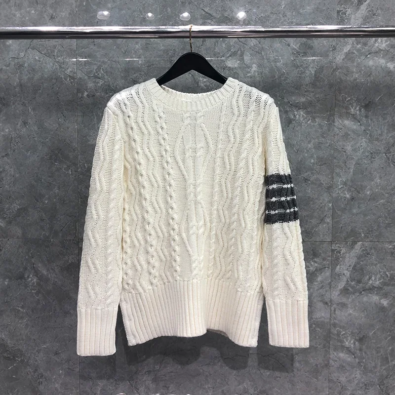 TB THOM Men's Sweater Winter Fashion Brand Coats Merino Wool Arm Cable 4-Bar Stripe Knit Crew Neck Pullover White TB Sweater