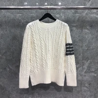 tb thom mens sweater winter fashion brand coats merino wool arm cable 4 bar stripe knit crew neck pullover white tb sweater