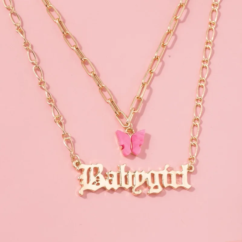 

European and American Hot Style Fashion All-match Item Double-layer Dark Pink Butterfly Babygirl Letter Necklace Clavicle Chain