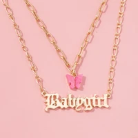 european and american hot style fashion all match item double layer dark pink butterfly babygirl letter necklace clavicle chain