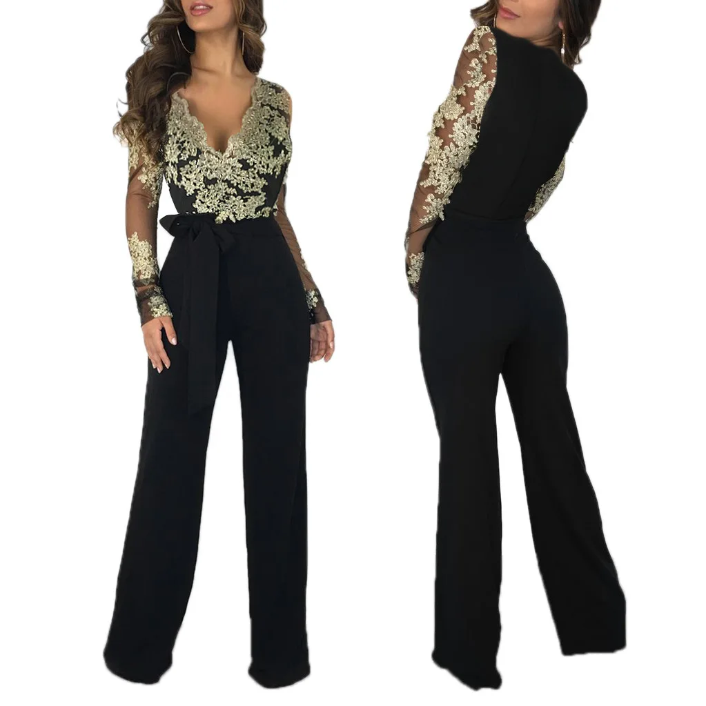 

autumn and winter popular women's casual women's water lace V-Neck long sleeve Jumpsuit