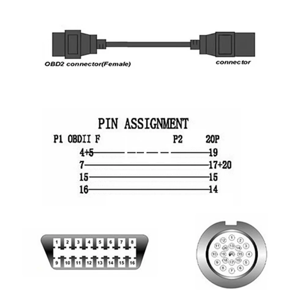 Кабель переходник OBD-II 20-pin на 16pin для автомобиля BMW (BMW 20pin - OBD2 16pin) коннектор адаптер