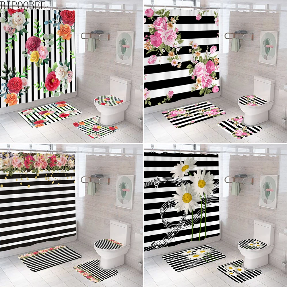 

Занавеска для душа из водонепроницаемой ткани, с 3D-принтом в виде красивых цветов, s-образные полоски, нескользящий ковер, коврики для ванной