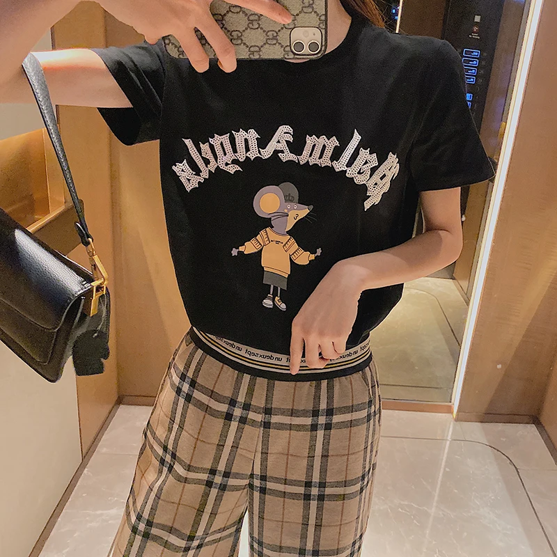 

New Sequin embroidery letter printing mouse early spring new T shirt women s loose cotton round neck bottoming shirt