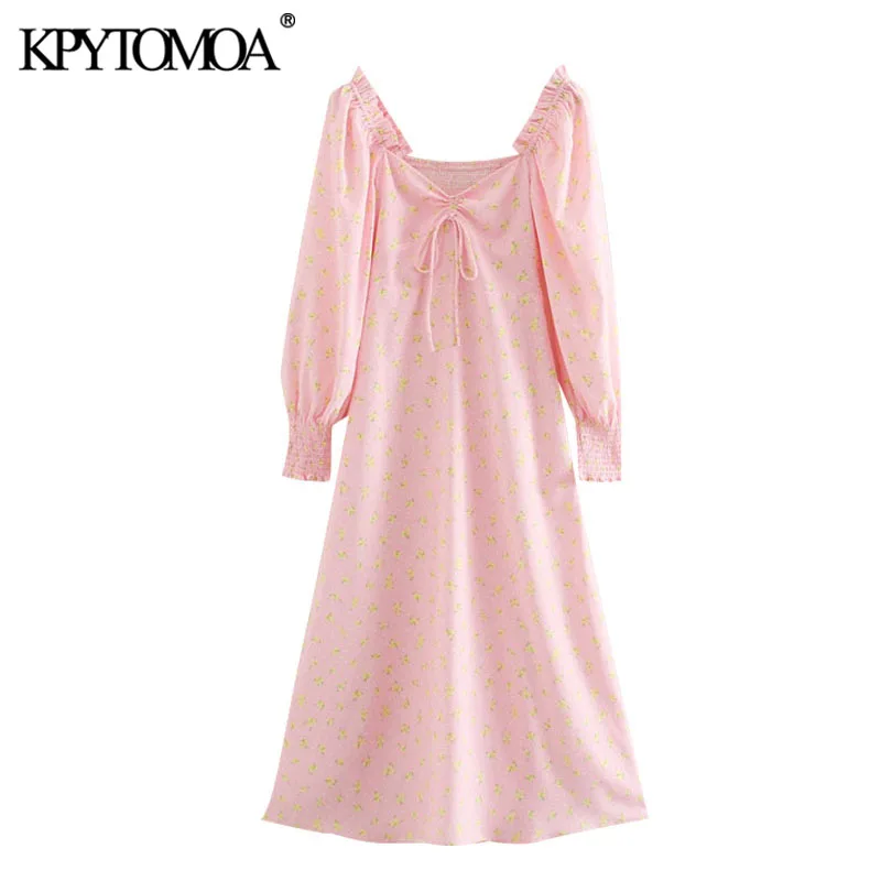 Женское платье миди с цветочным принтом V образным вырезом и длинным