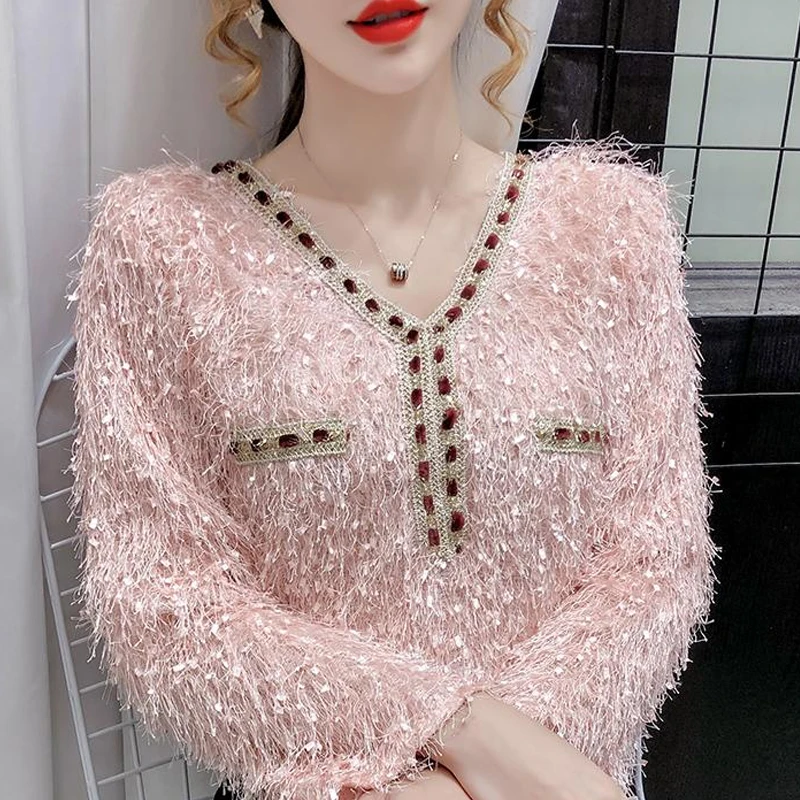 

Blouse Women Blusas Mujer De Moda 2021 Women Clothing Long Sleeve Beading V-Neck Tassel Lace Blouse Shirt Tops Women Blusa D968