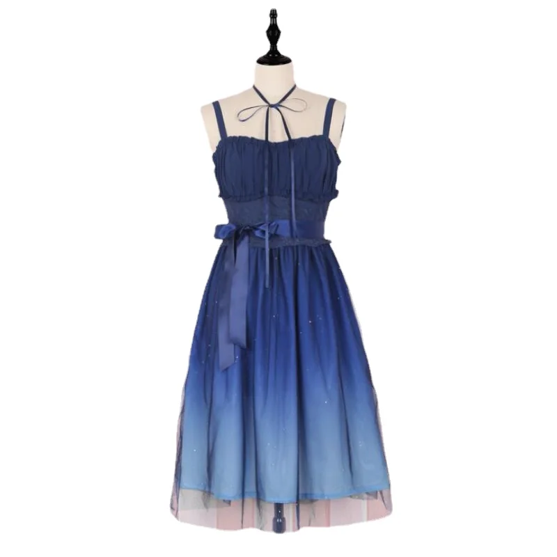

Stary Sky Gradient Blue Women's Summer Suspender Dress Long Dress Elegant Double Layer Veil Lolita Dress 2021