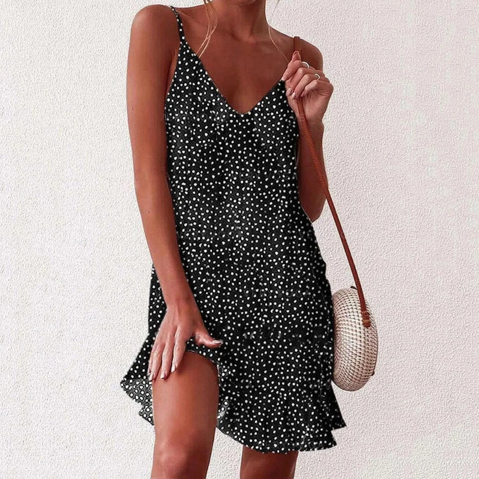 

2021Vestido estampado de lunares para mujer, ropa informal con manga con volantes y cuello en V, minivestido Sexy de
